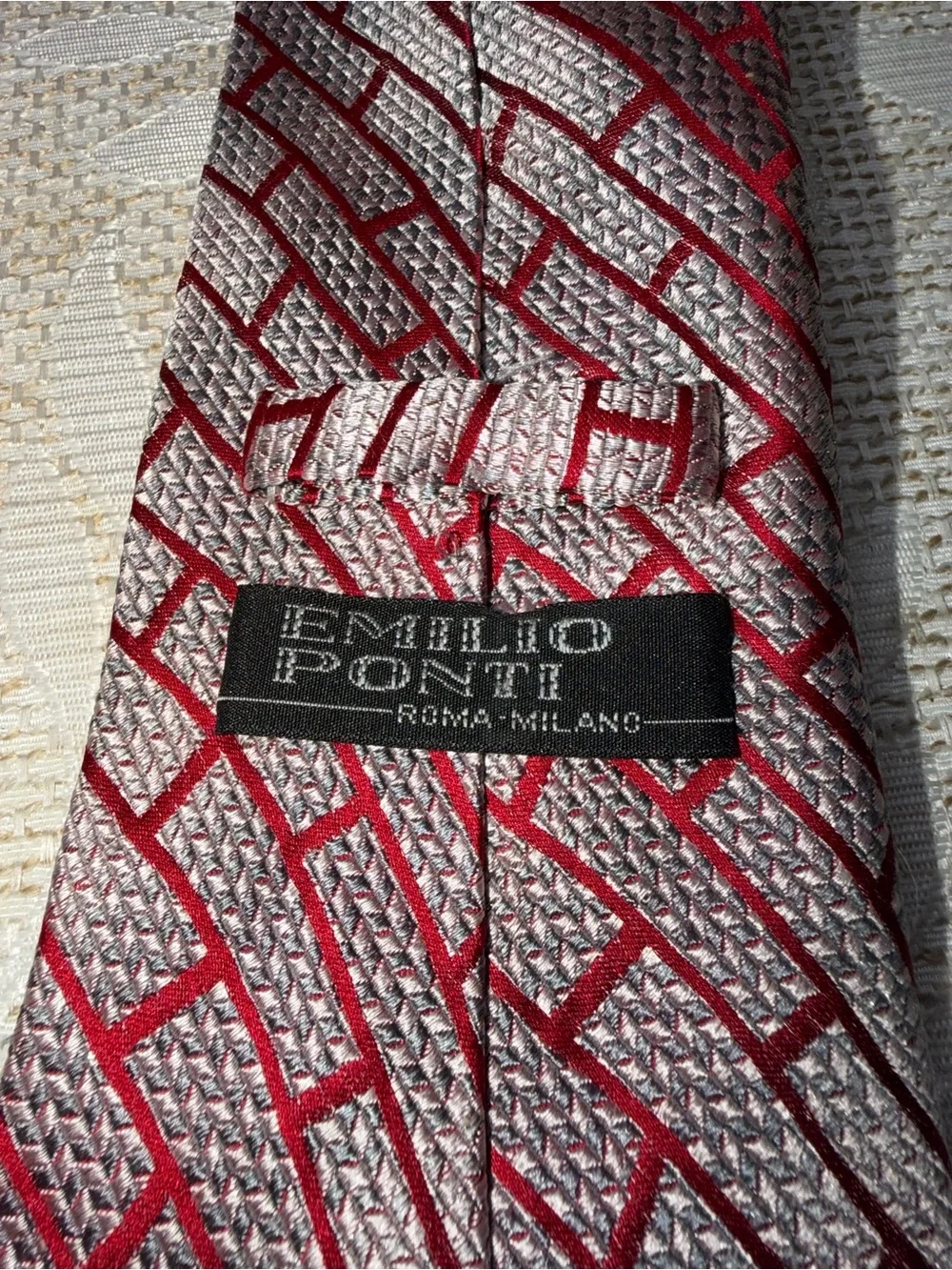 Emilio Ponti Silver And Red Geometric Handmade Silk Necktie